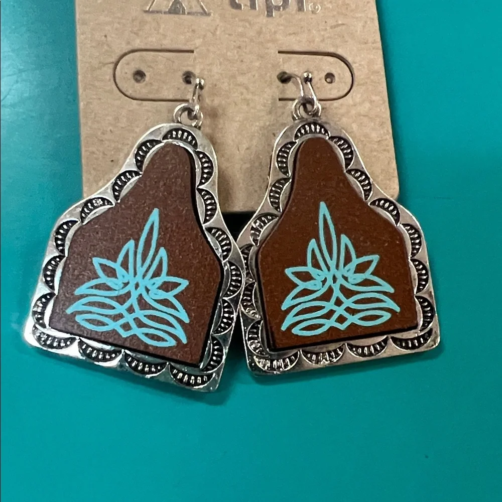 Silver and Brown Earrings with Turquoise Accents - Picture 1 of 1
